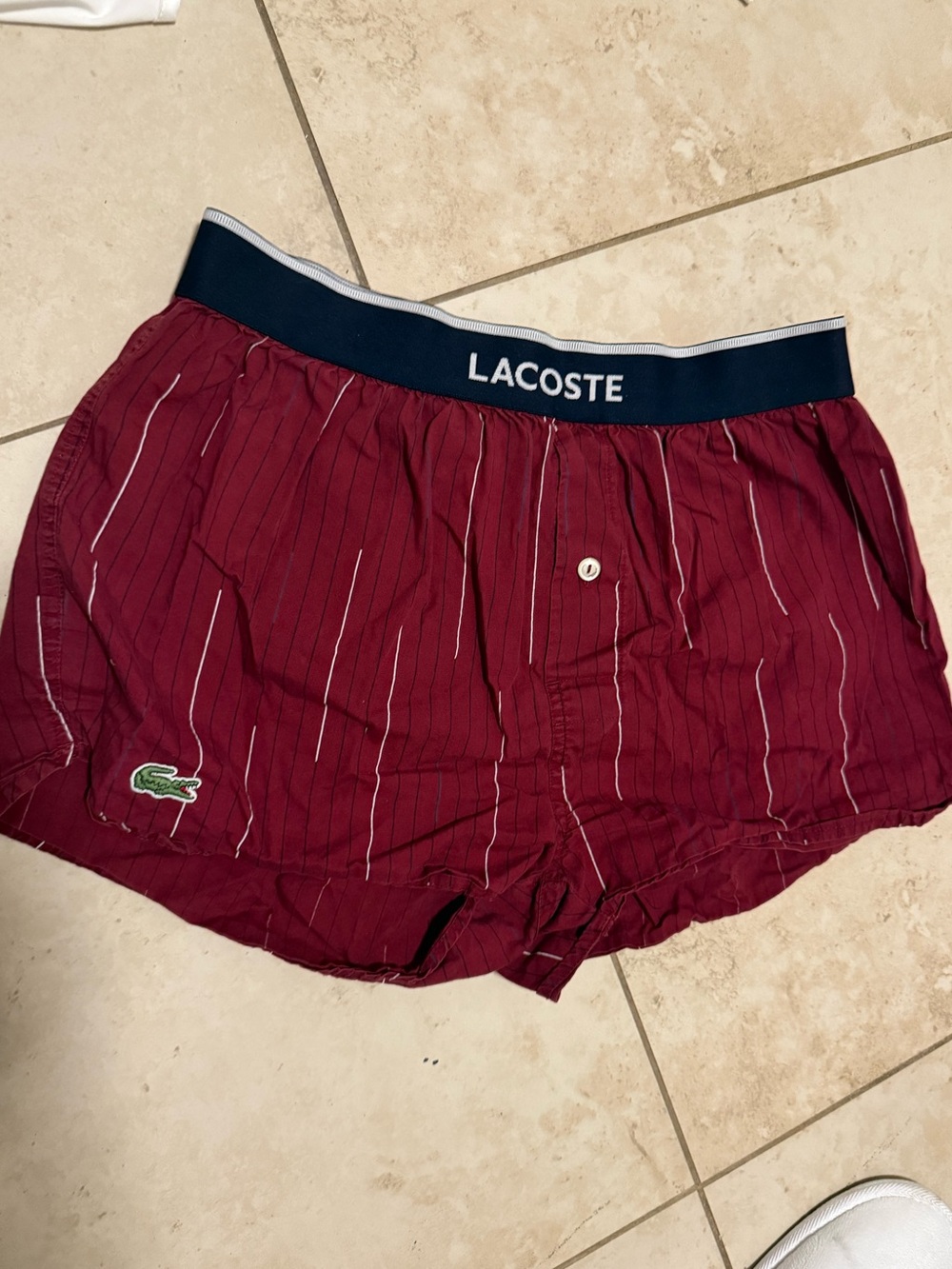 Lacoste Burgundy Pinstripe Cotton Shorts with Navy Waistband